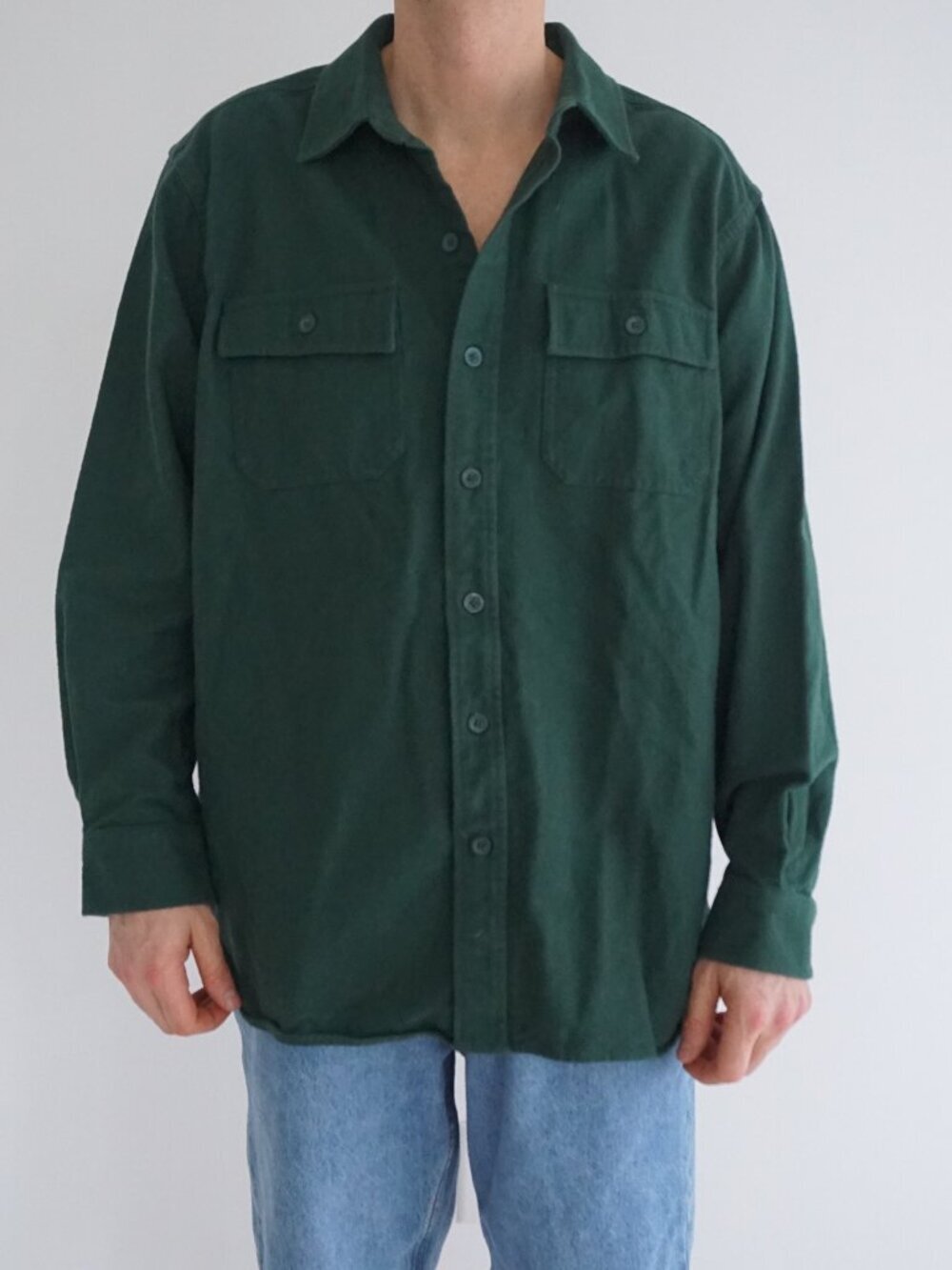 Vintage LL Bean Green Solid Button Front Flannel Shirt Traditional Workwear L